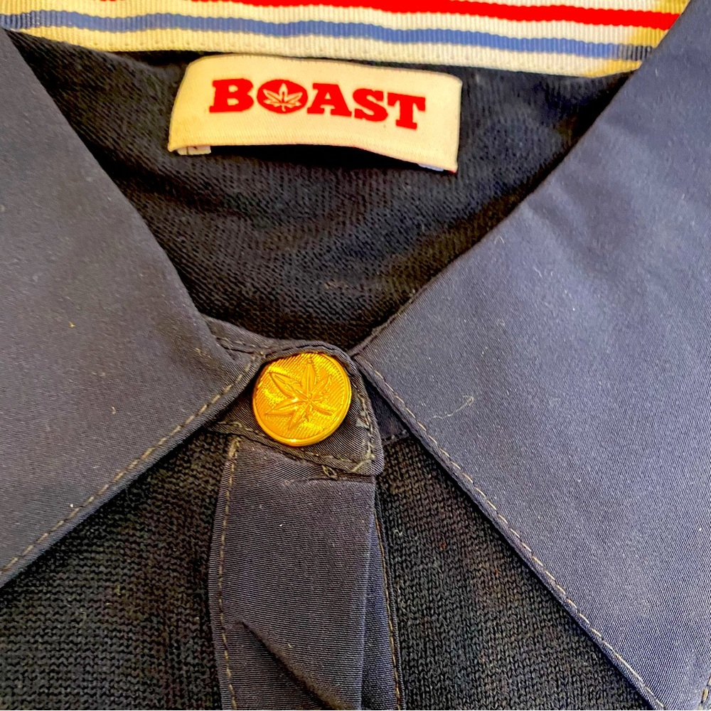 Boast navy blue long sleeve 3 button sweater red elbow patches cotton collar M - Picture 3 of 7